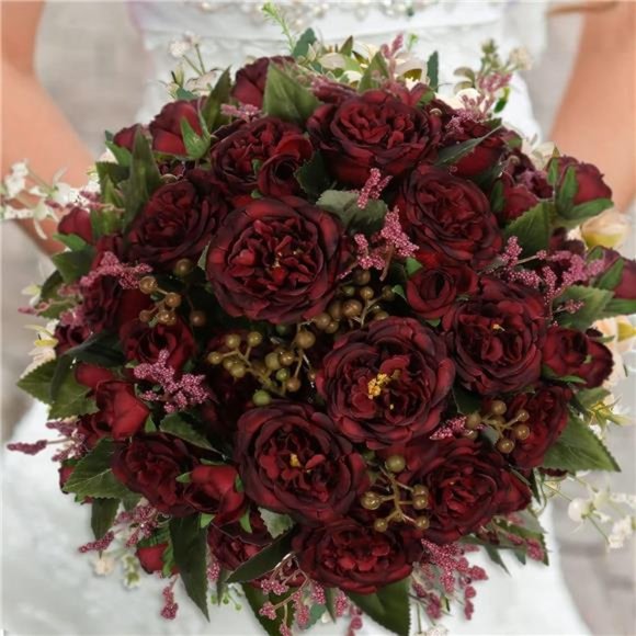 Artificial Peonies Silk Flowers, Burgundy Faux Peony Bouquet 4 Bundles Florals - Picture 4 of 6